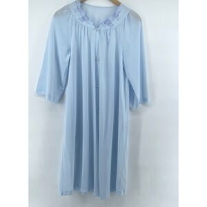 Vintage Shadowline Peignoir House Coat Robe M Blue Cottage Granny Retro USA